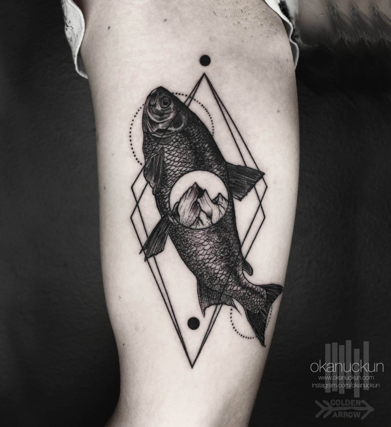 Minimalistic stle two opposite fish tattooed on the