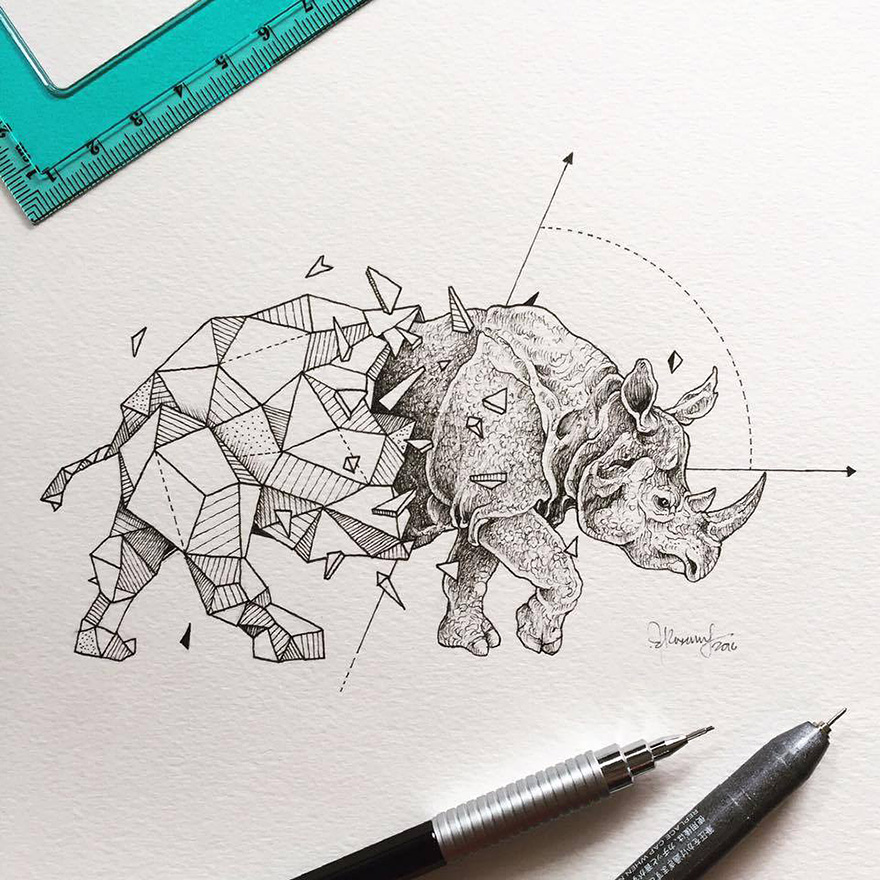 Beauty Wild Animals Intricate Drawings Fused With Geometric Shapes 01