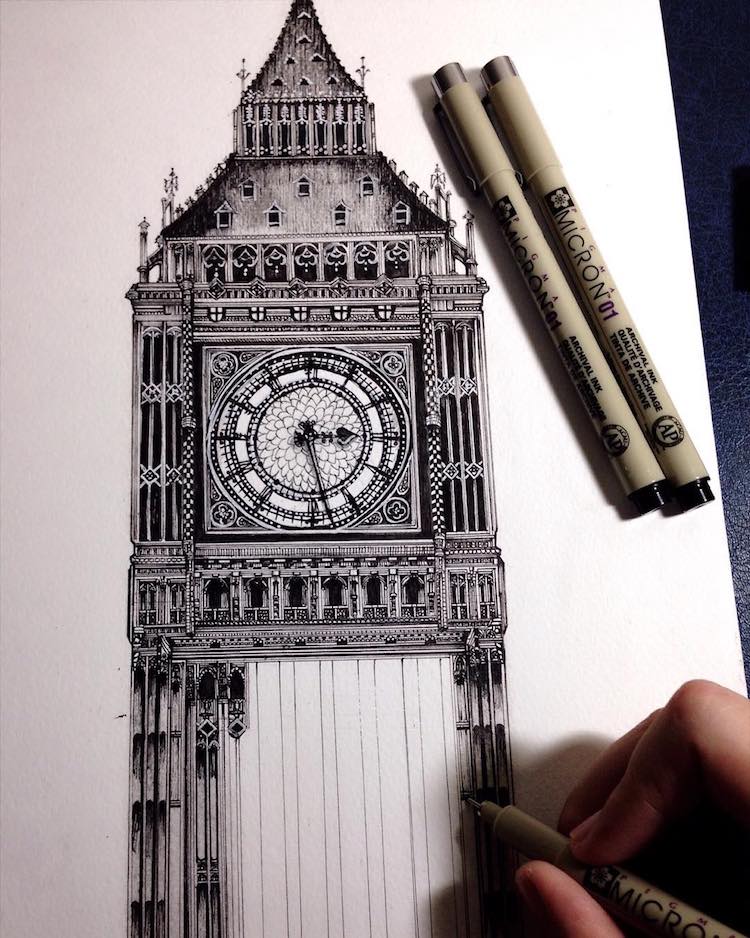 Artist Creates Meticulously Detailed Ink Drawings of Architecture